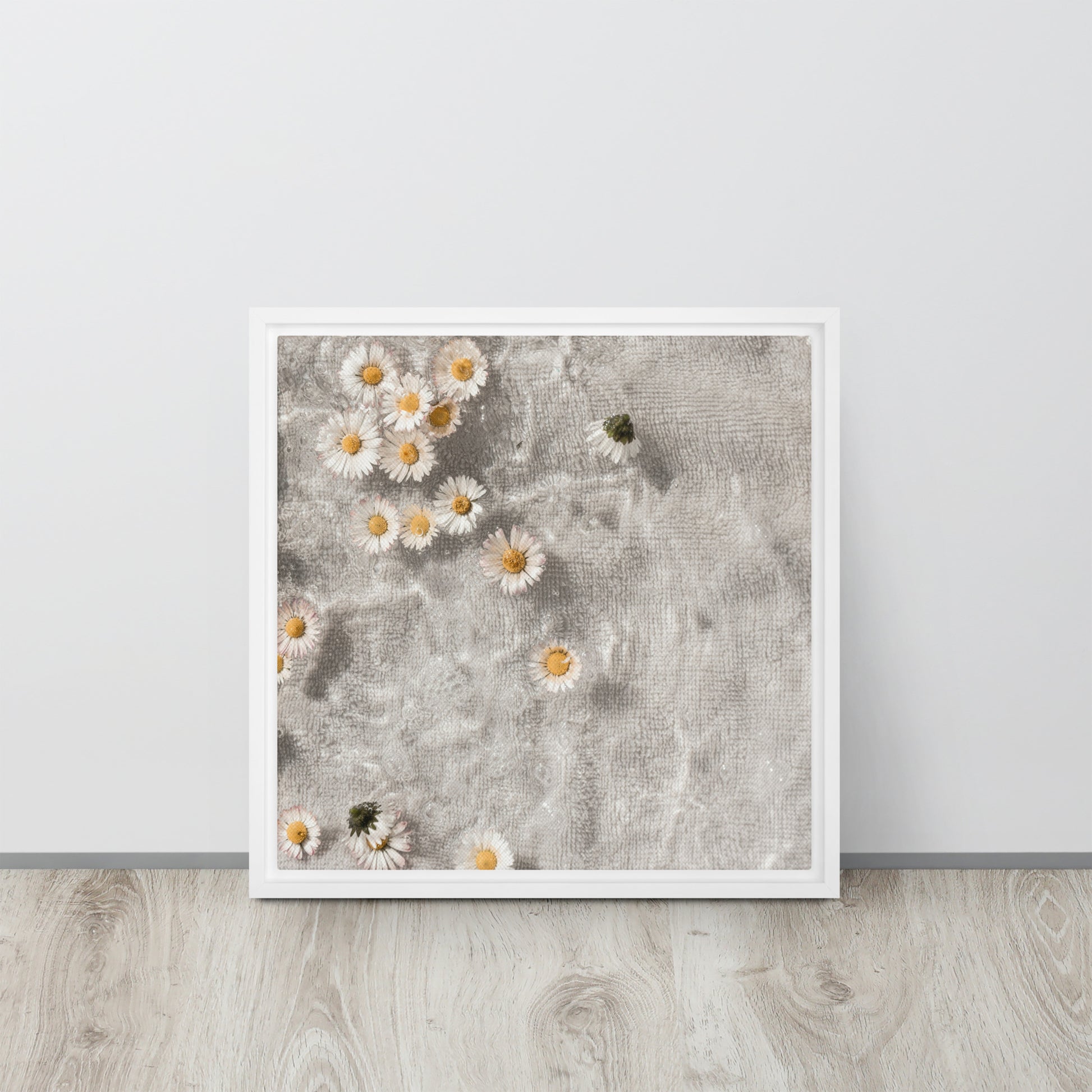 Mireille Fine Art, daisy flowers in water artwork on floater framed canvas prints   