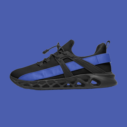 men's black low top athletic mesh running sneakers with blue stripe