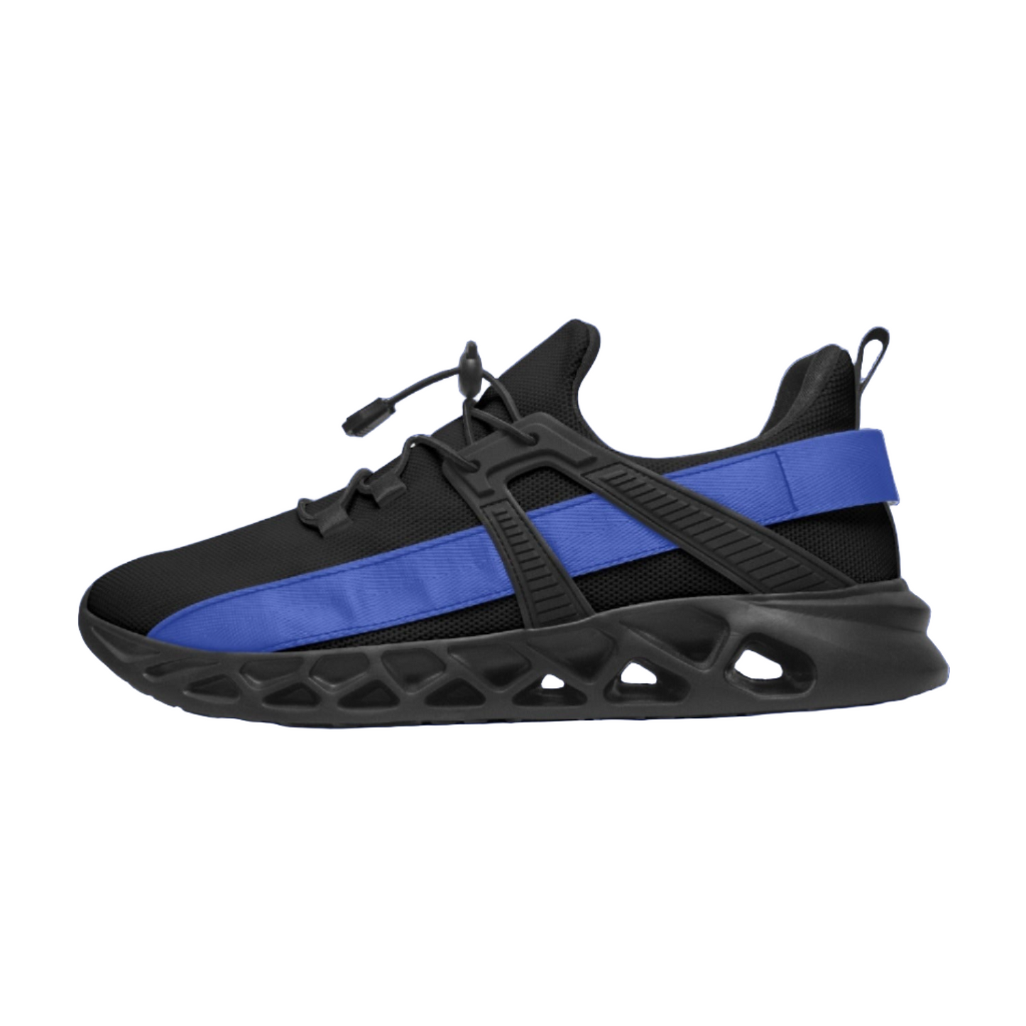 men's black low top athletic mesh running sneakers with blue stripe