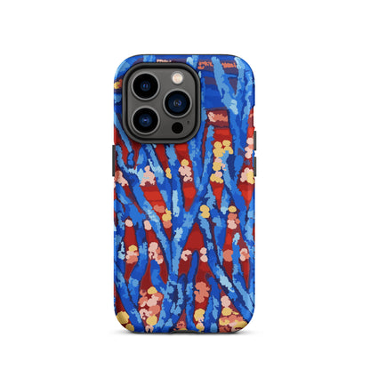 Phone case with blue and red abstract design on a white background