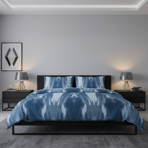 Bedroom with abstract blue patterned duvet cover on a modern bedding