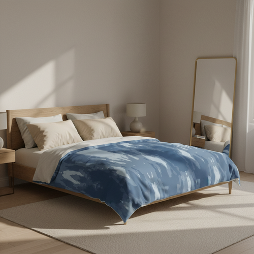king size abstract blue modern microfiber duvet cover on a king size bed