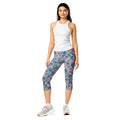 Blue abstract camo capri leggings front view