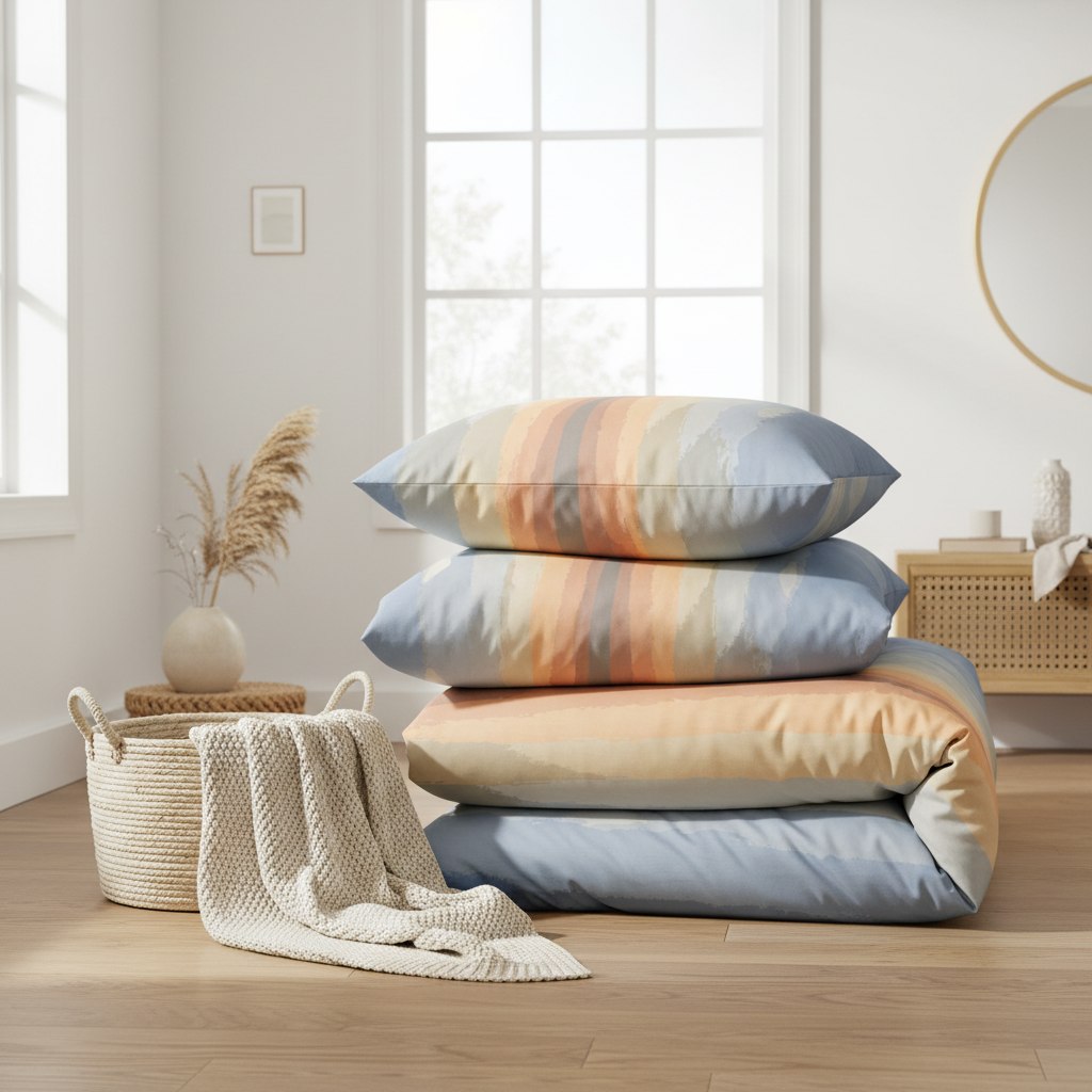 folded colorful bedding and pillows on a wooden floor with a neutral background