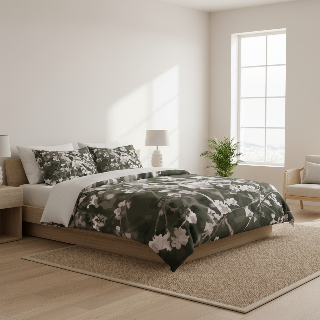 bedroom with botanical floral comforter floral bedding 