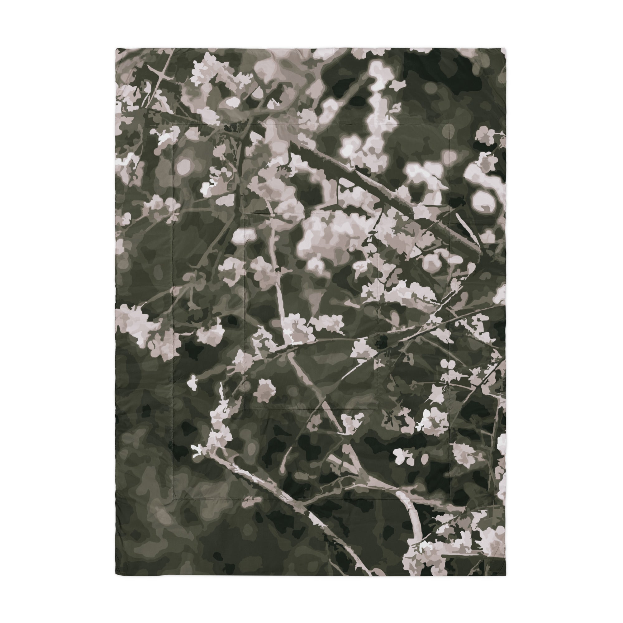 Floral patterned fabric with white flowers on a dark green background