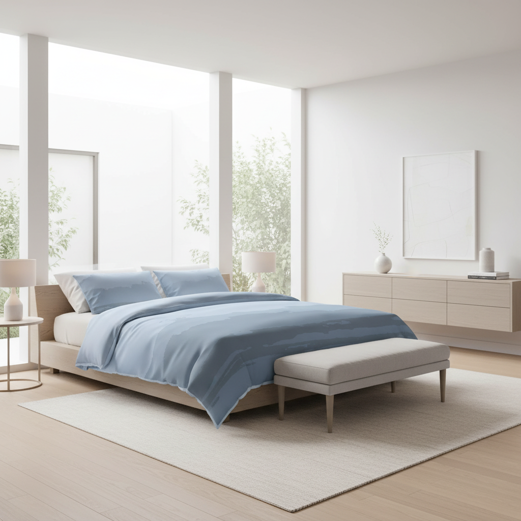Modern bedroom with a bed, abstract indigo blue duvet cover, bench, and dresser in a bright room.