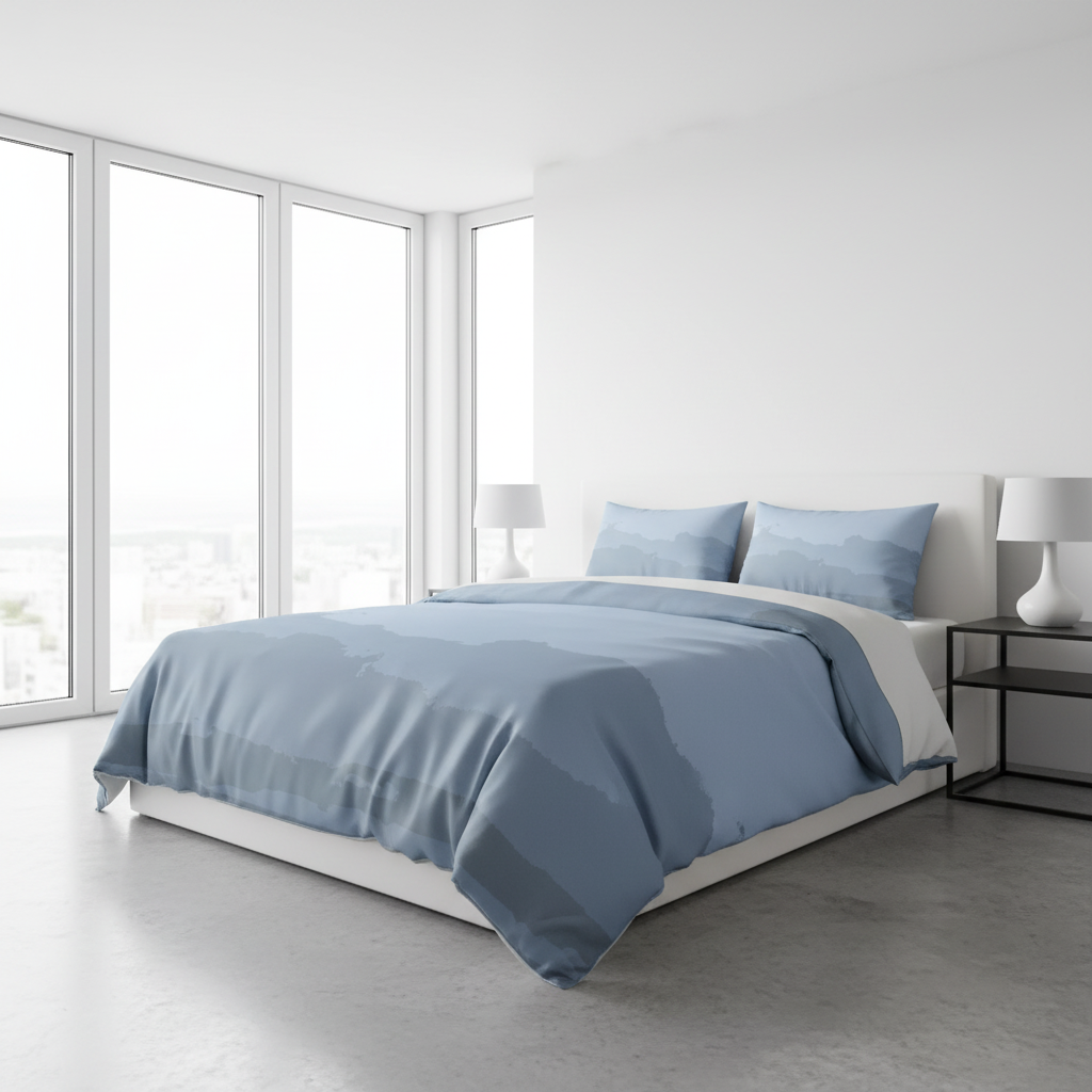 indigo blue duvet cover on a bed in a modern bedroom with large windows.
