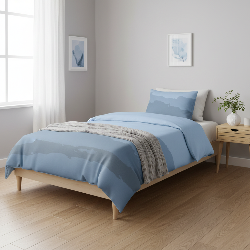 bedroom with modern abstract blue duvet cover