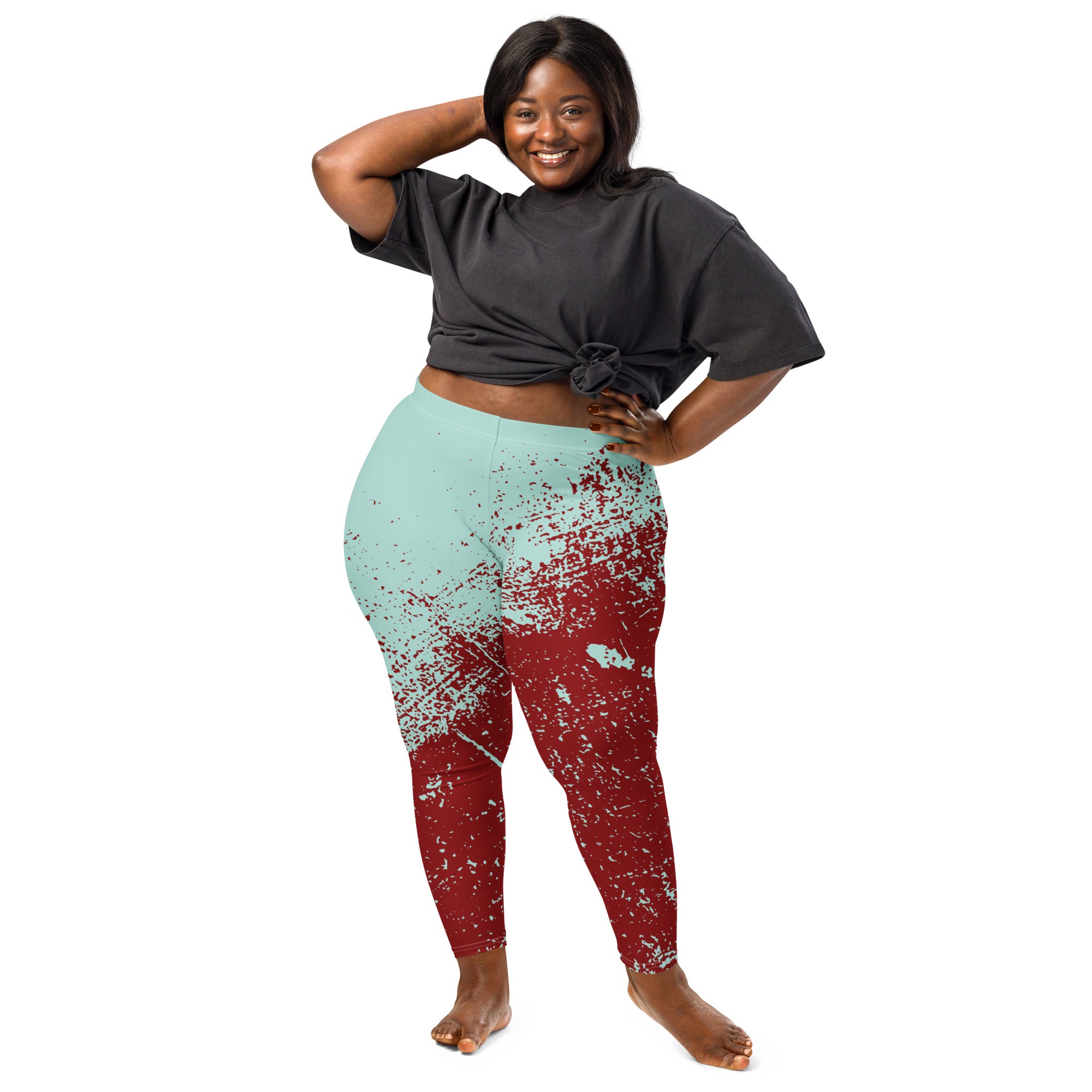 Plus size model wearing abstract leggings design with leggings lifestyle look