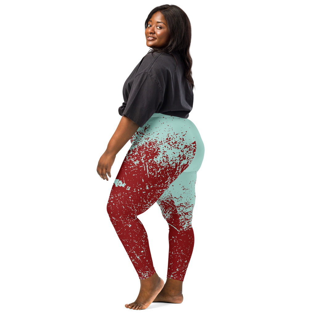 Side view of plus size model wearing abstract leggings 