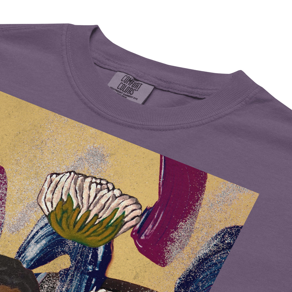 close up of expressive botanical portrait print on cotton t-shirt