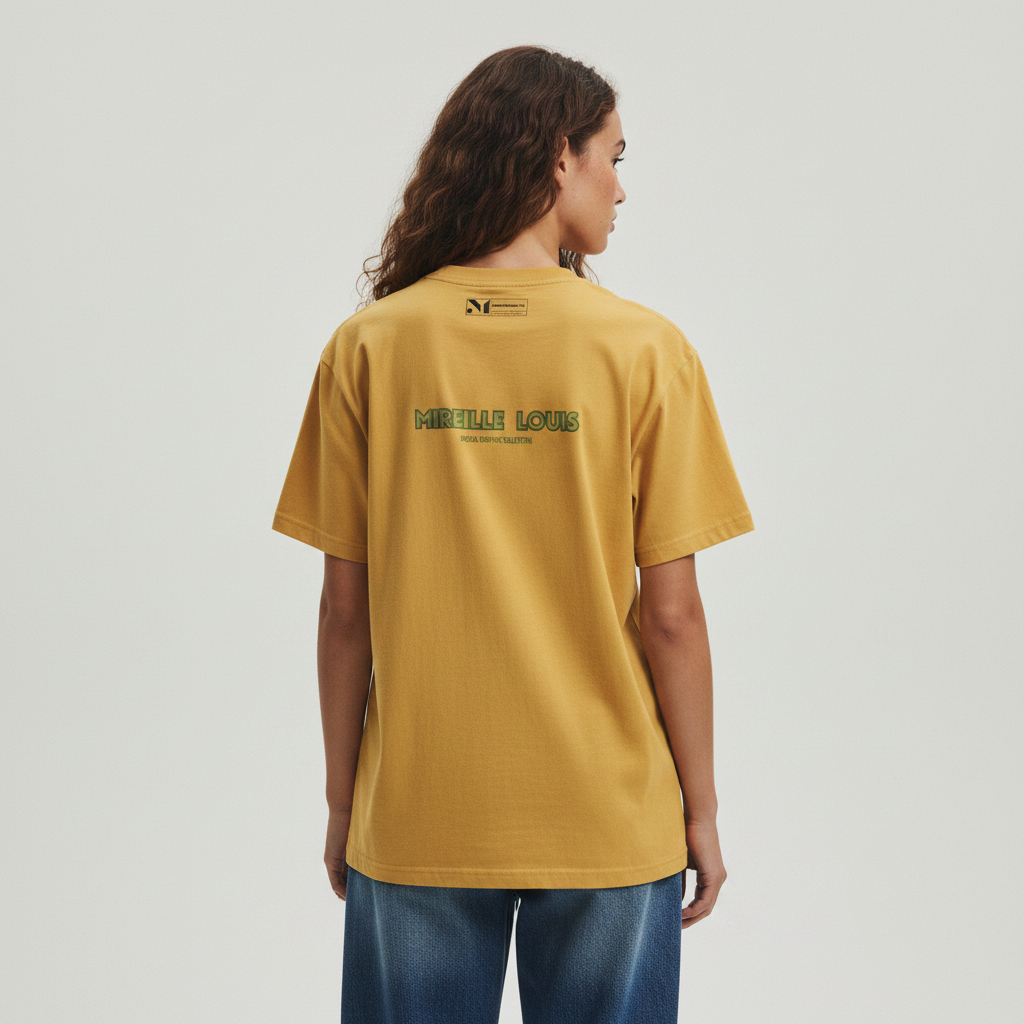 Back view of garment dyed heavyweight t-shirt with text