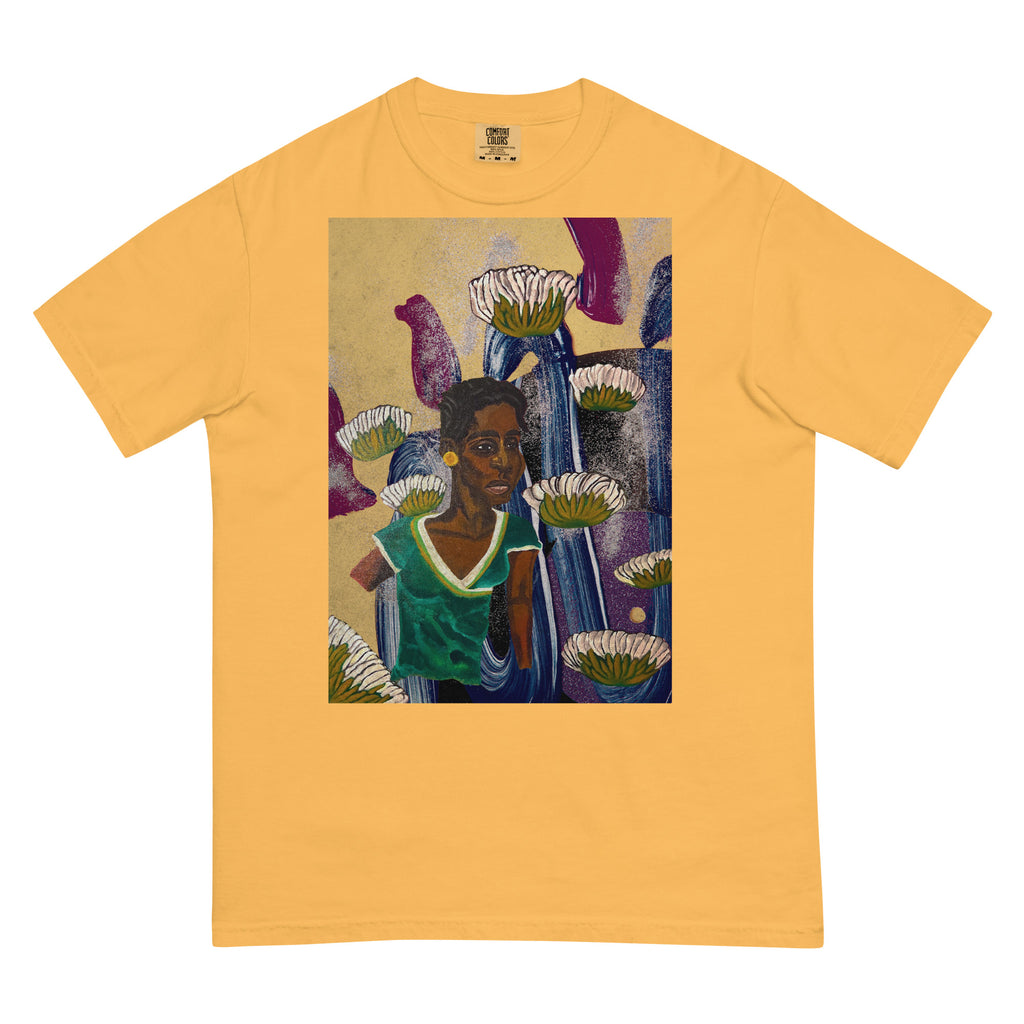 flat lay of contemporary abstract portrait t-shirt with lotus flowers