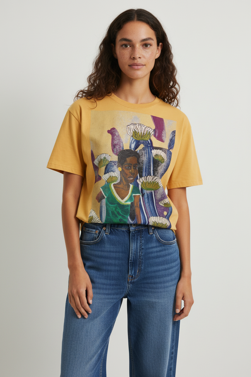 female model artistic floral figure graphic tee in garment dyed cotton