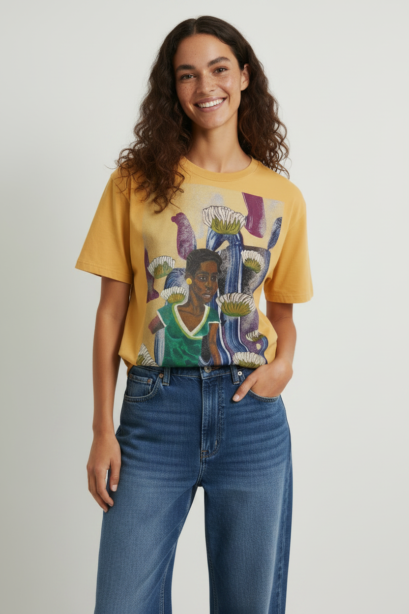 model smiling and wearing a fine art inspired lotus portrait streetwear t-shirt