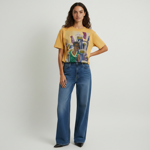 female model wearing abstract lotus portrait graphic t-shirt front view