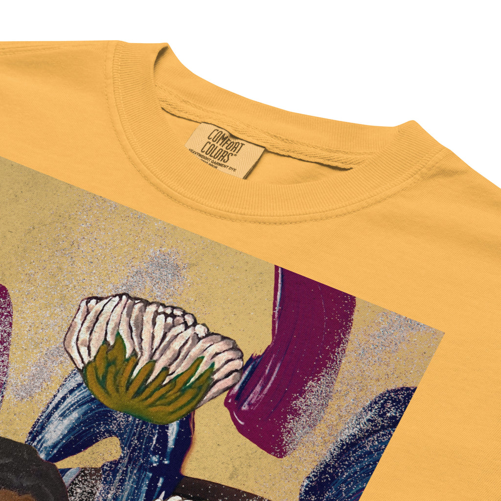 close-up of indigo and floral graphic art printed unisex tee