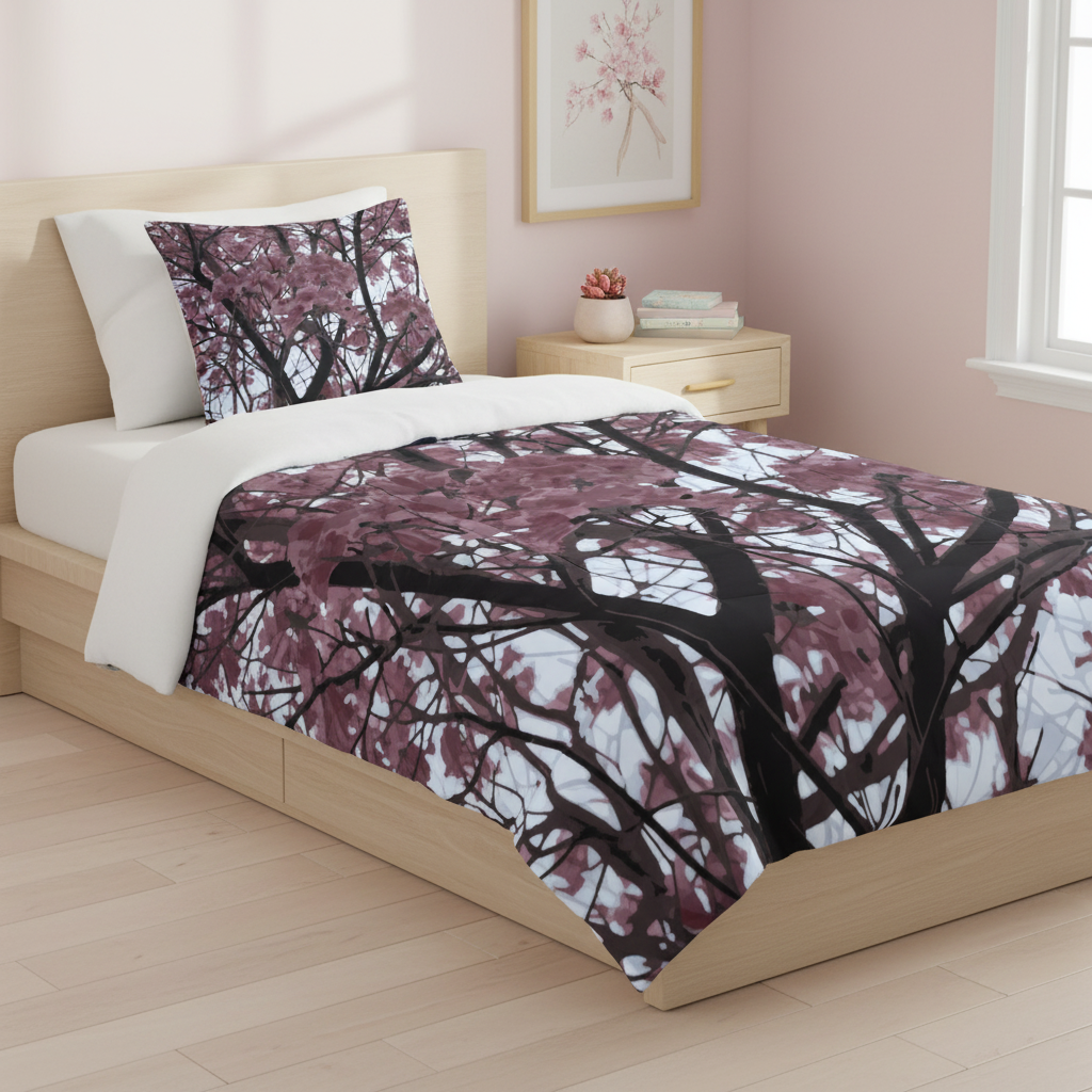 twin size bed with floral comforter and pillows in a bedroom setting