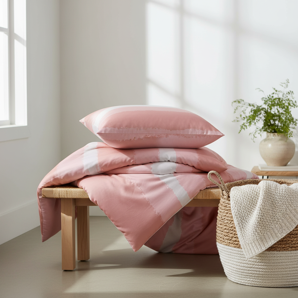 Pink bedding set on a wooden bench with a plant and basket in a bright room.