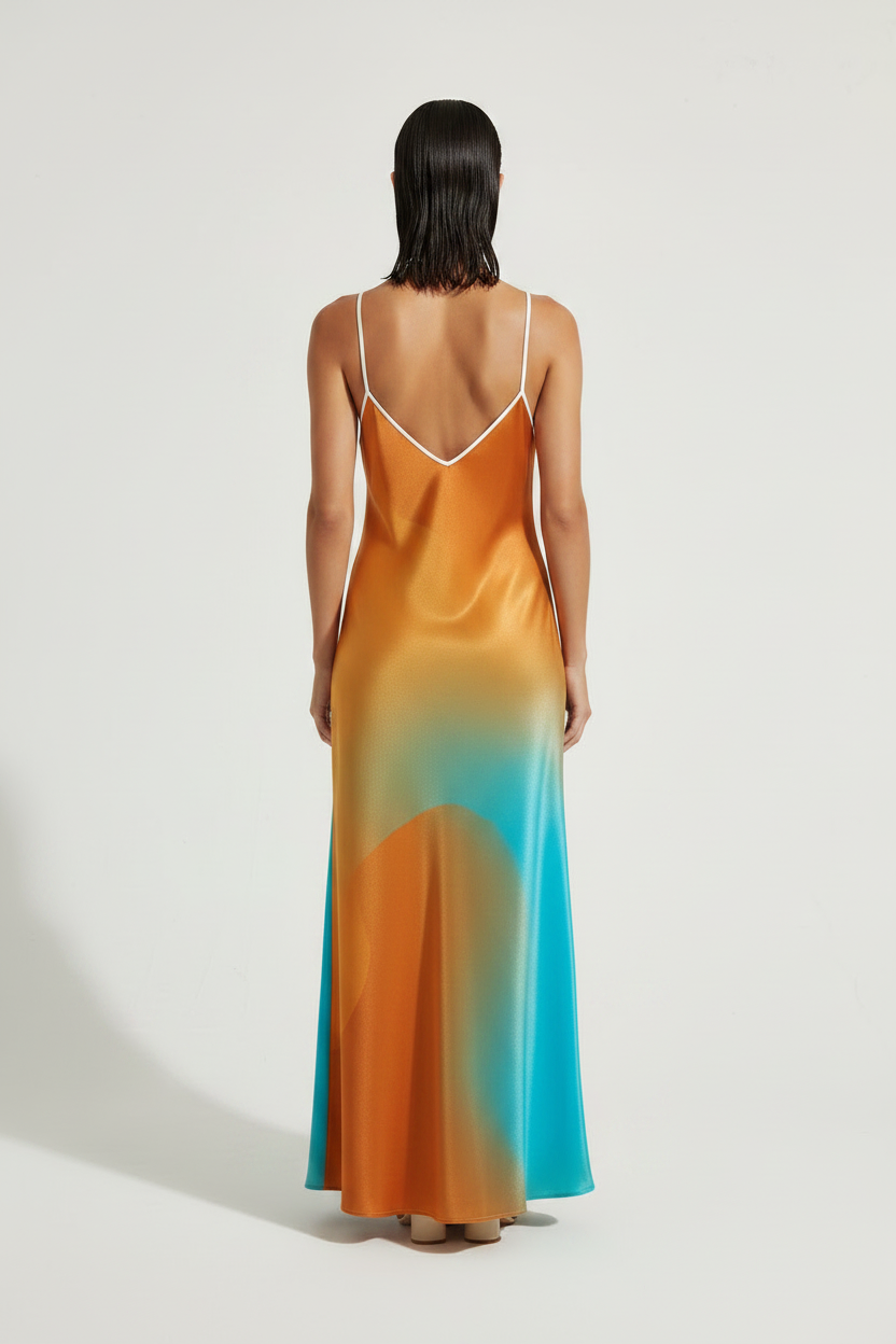 back view of women's abstract print silk dress 