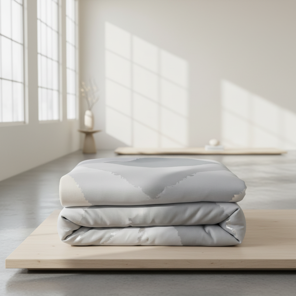 Stack of gray comforters on a wooden platform with a minimalistic background
