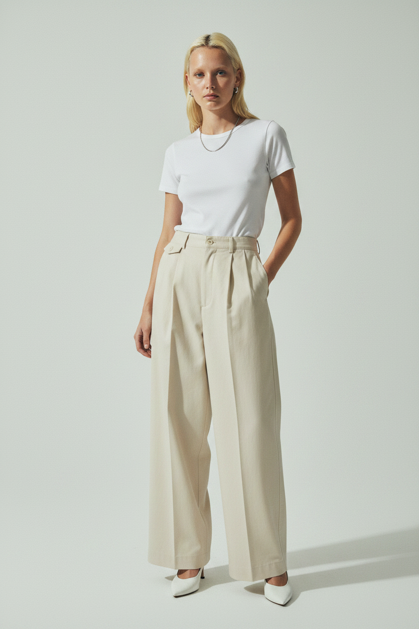 model wearing straight leg trousers with relaxed fit