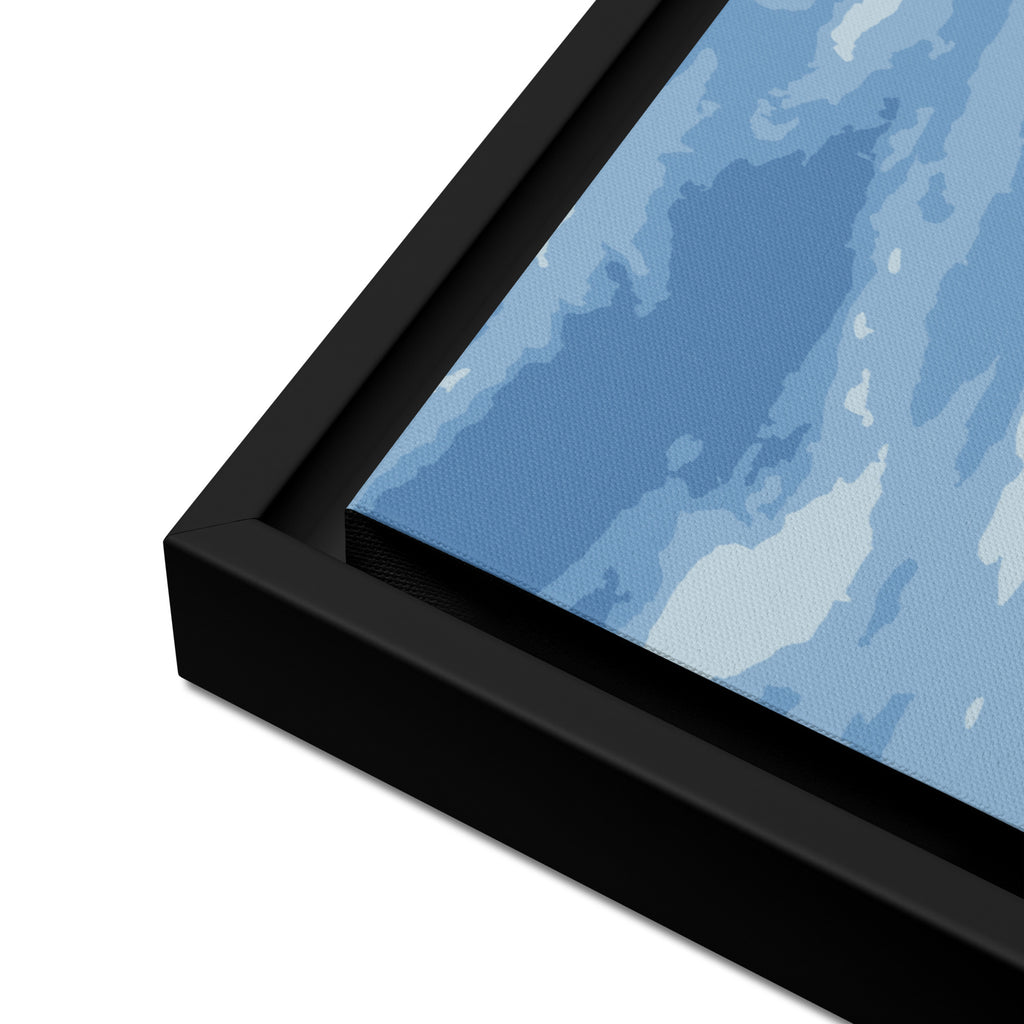 Close-up of a black frame corner with a blue abstract sky background