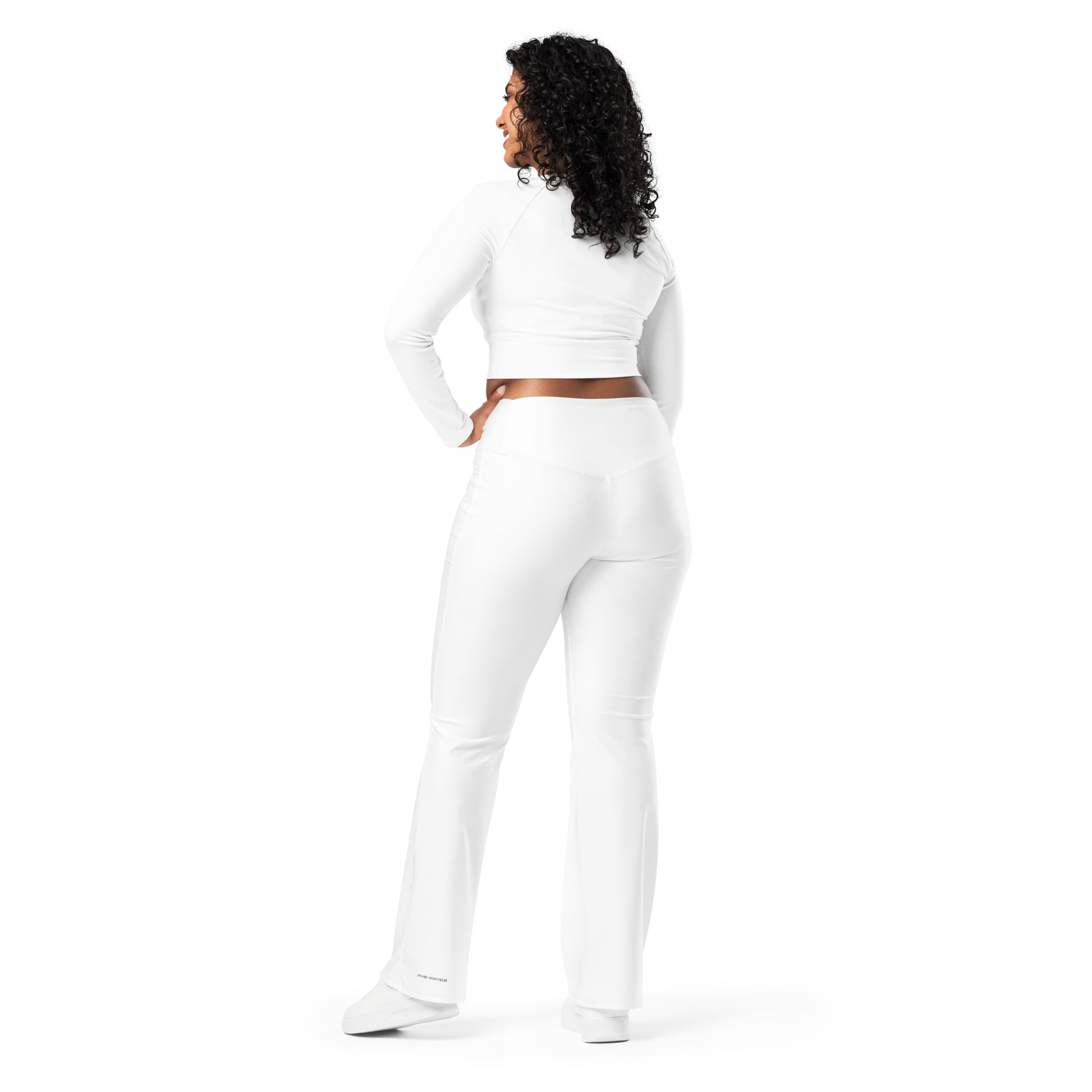 Humble Sportswear, women's white high waist flare leggings with inner pockets