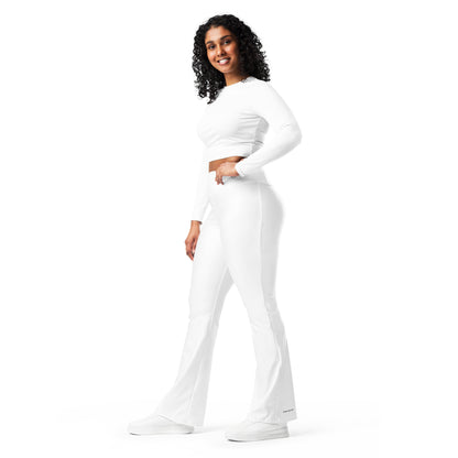 Humble Sportswear, women's white high waist flare leggings with inner pockets