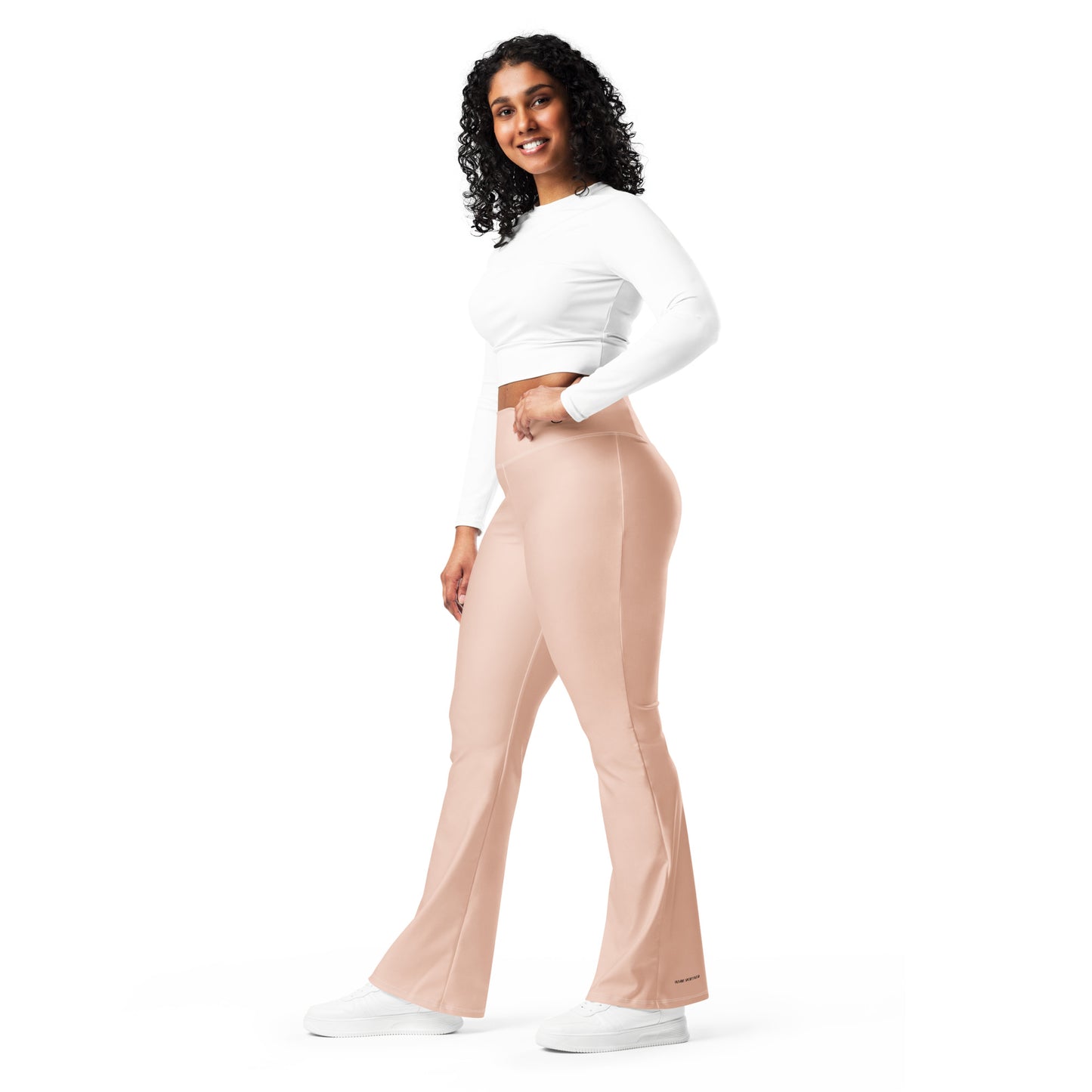 Humble Sportswear, women's color match blush pink high waisted flare leggings with pockets 