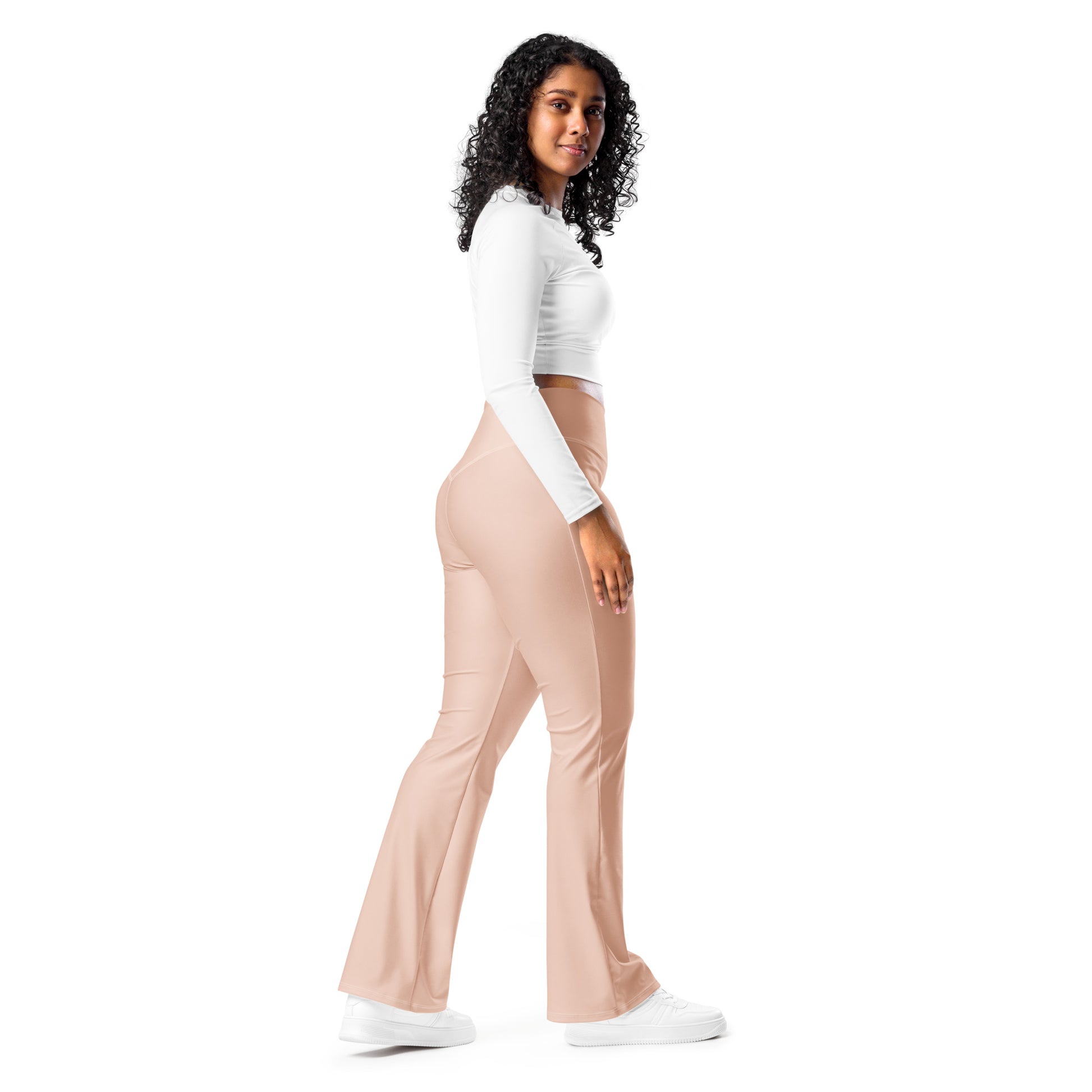 Humble Sportswear, women's color match blush pink high waisted flare leggings with pockets 