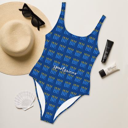 Humble Sportswear, women's scoop neckline one piece low back checkered blue swimsuit 