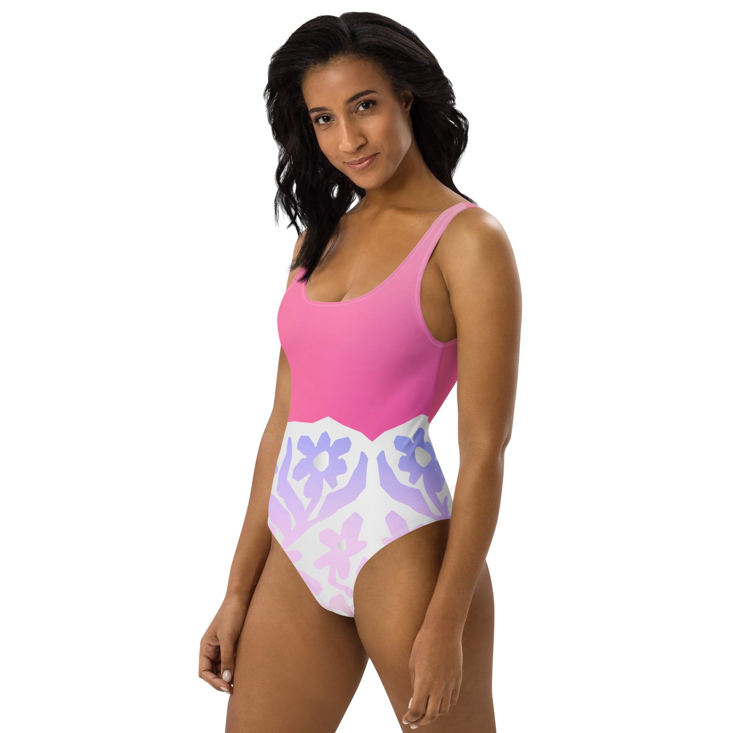 Humble Sportswear, women's abstract pink floral one piece low back swimsuit 