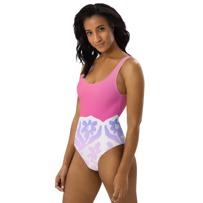 Humble Sportswear, women's abstract pink floral one piece low back swimsuit 