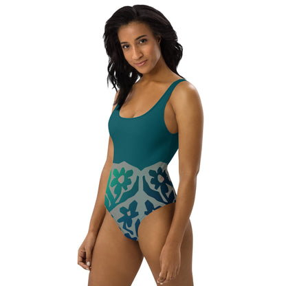 Humble Sportswear, women's gradient green floral low back one piece swimsuit