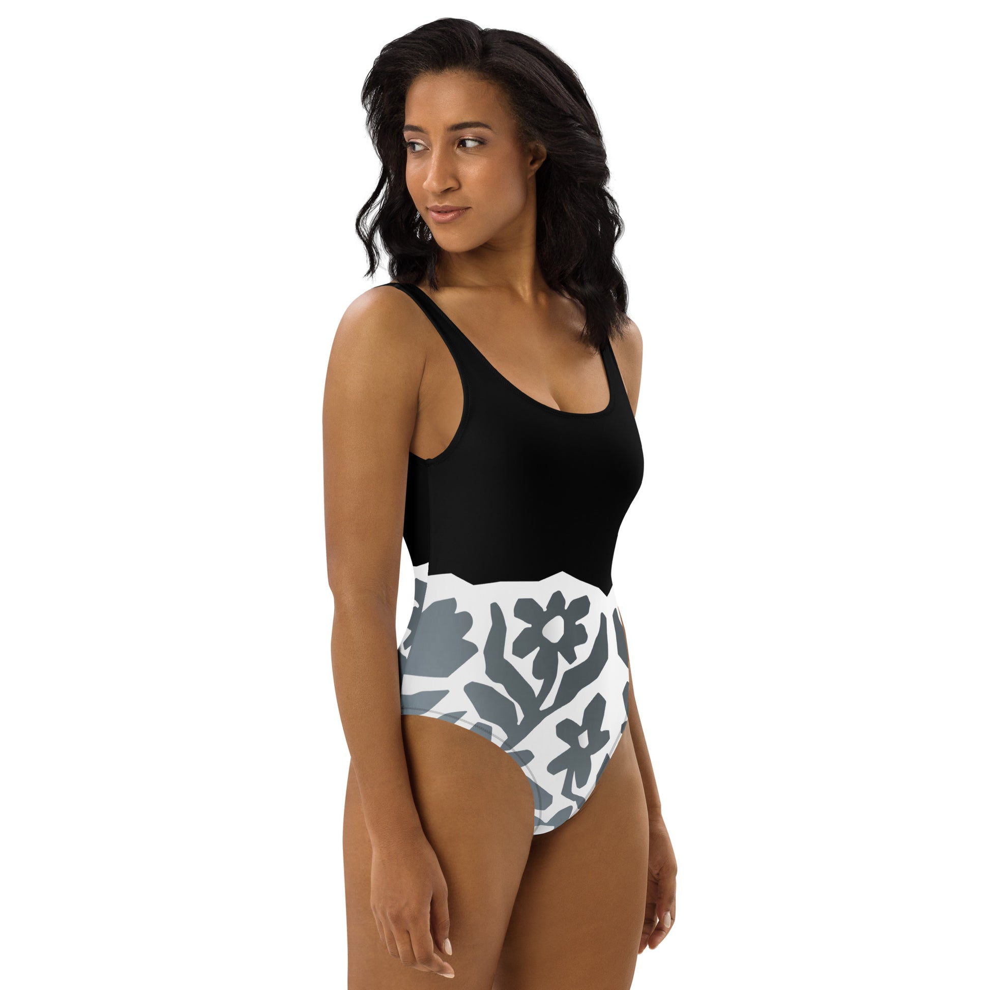 Humble Sportswear, women's low back one piece swimsuit, floral abstract black