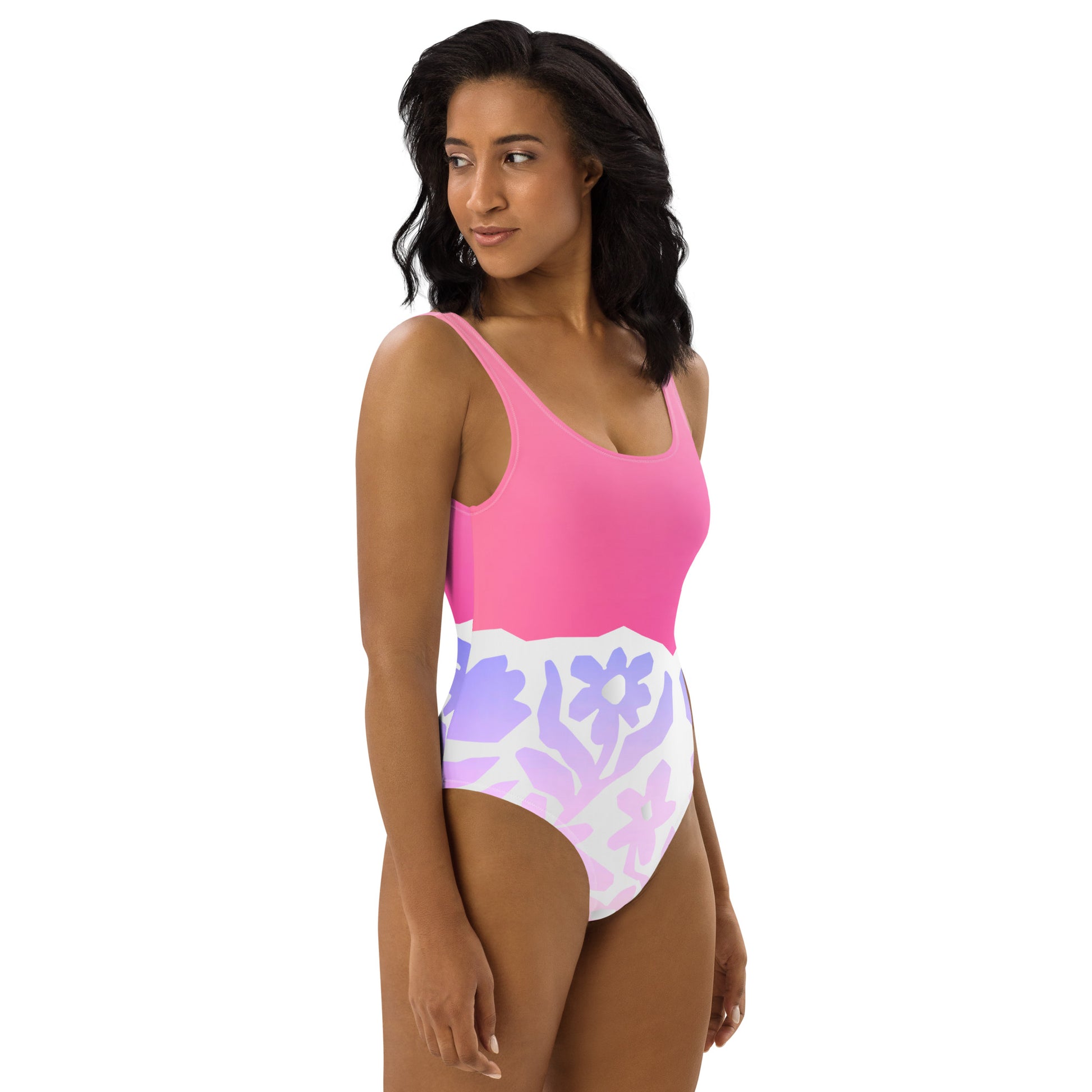 Humble Sportswear, women's abstract pink floral one piece low back swimsuit 