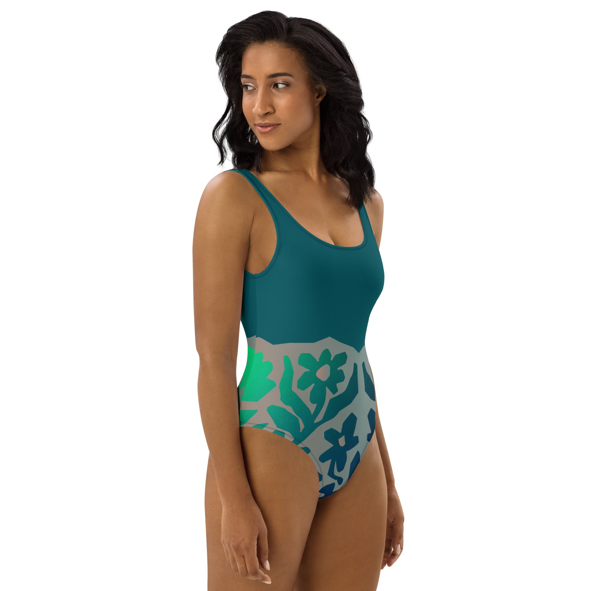 Humble Sportswear, women's gradient green floral low back one piece swimsuit