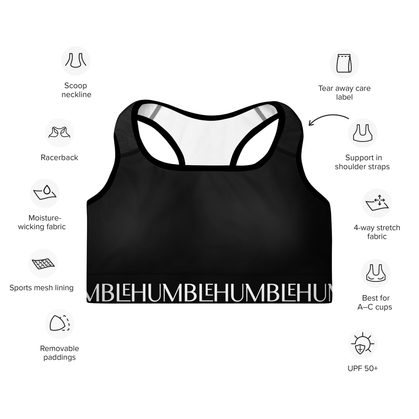 Humble Sportswear women's color match black medium intensity padded sports bra 