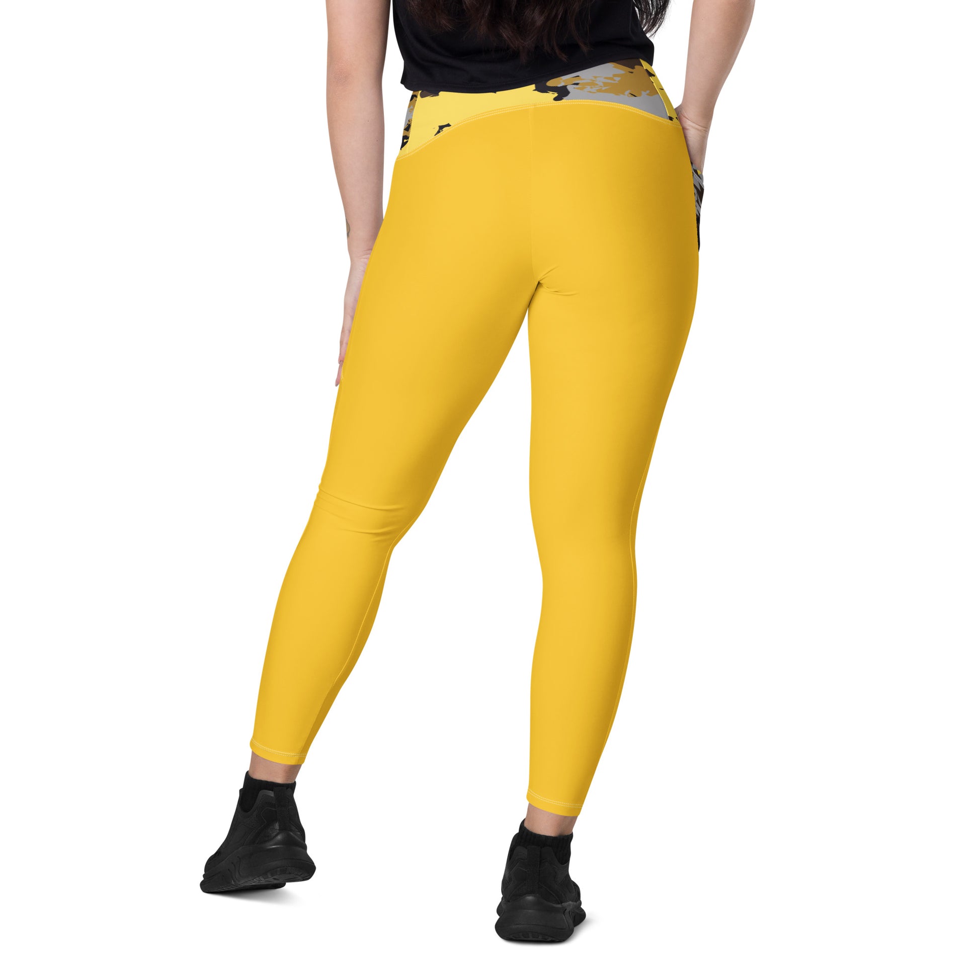 Humble Sportswear, women's high waisted camo print color match yellow pocket leggings 