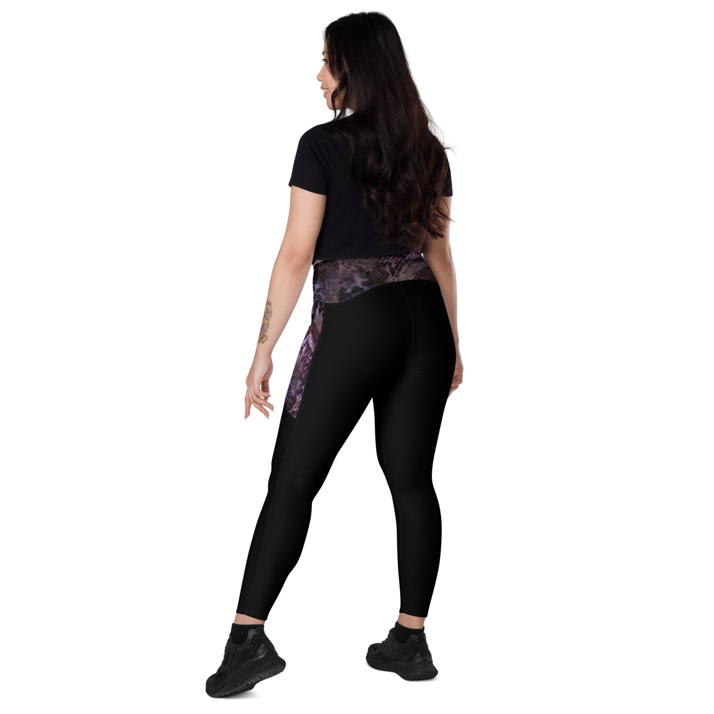 Humble Sportswear, women's black high waisted leopard print pocket leggings with semi-compression