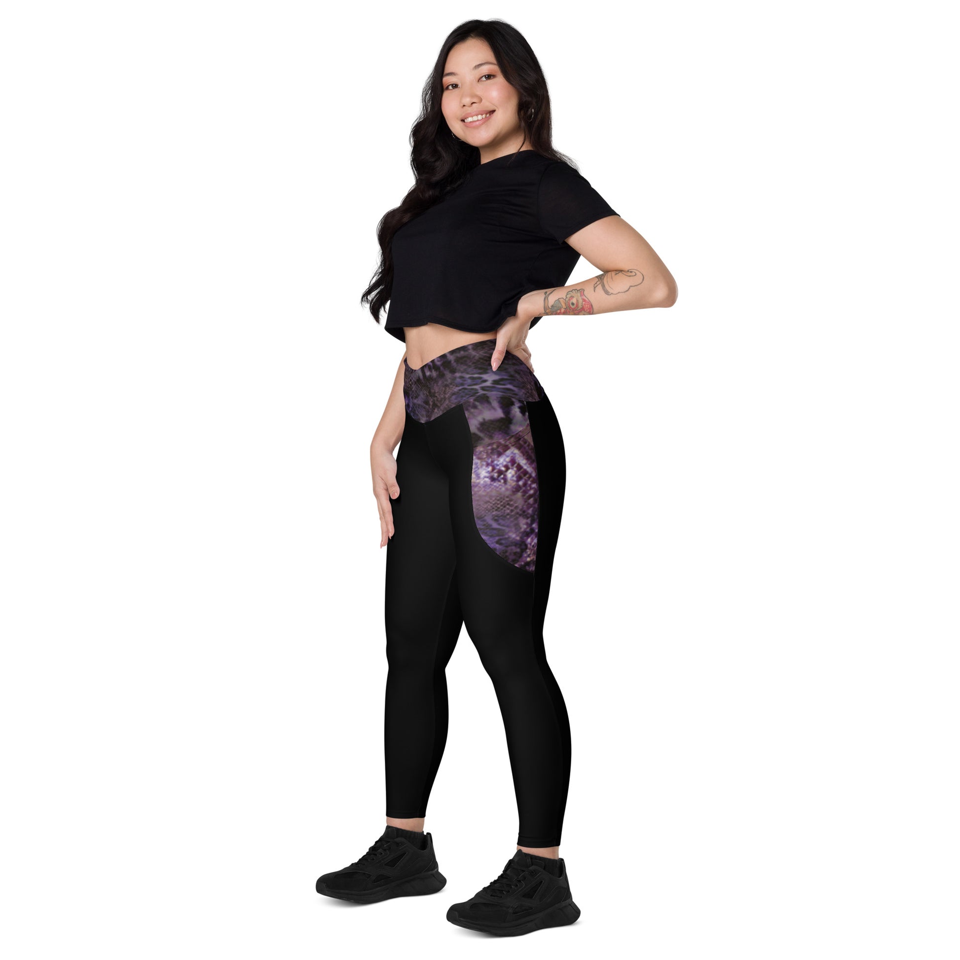 Humble Sportswear, women's black high waisted leopard print pocket leggings with semi-compression