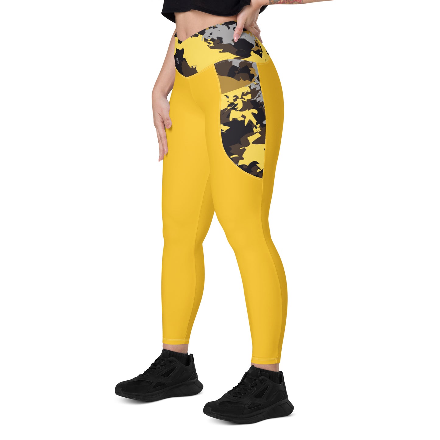 Humble Sportswear, women's high waisted camo print color match yellow pocket leggings 