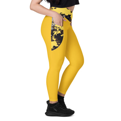 Humble Sportswear, women's high waisted camo print color match yellow pocket leggings 