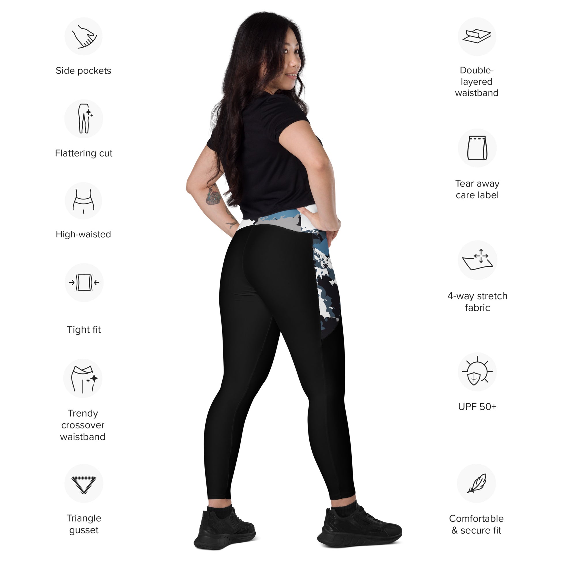 Humble Sportswear, women's abstract print semi-compression black pocket leggings