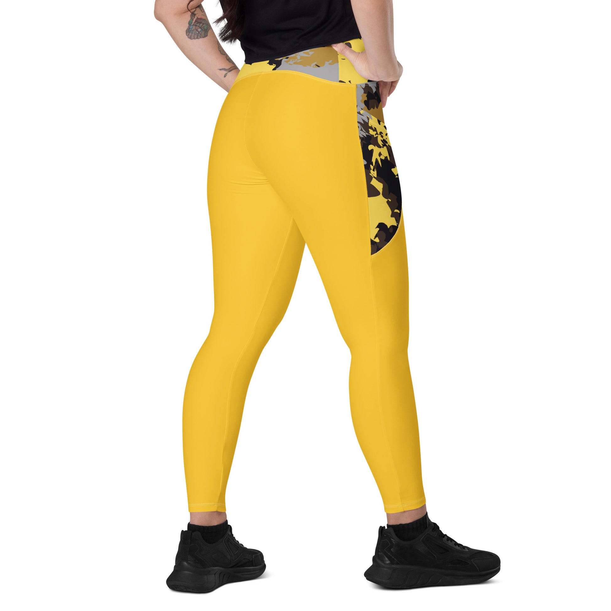 Humble Sportswear, women's high waisted camo print color match yellow pocket leggings 