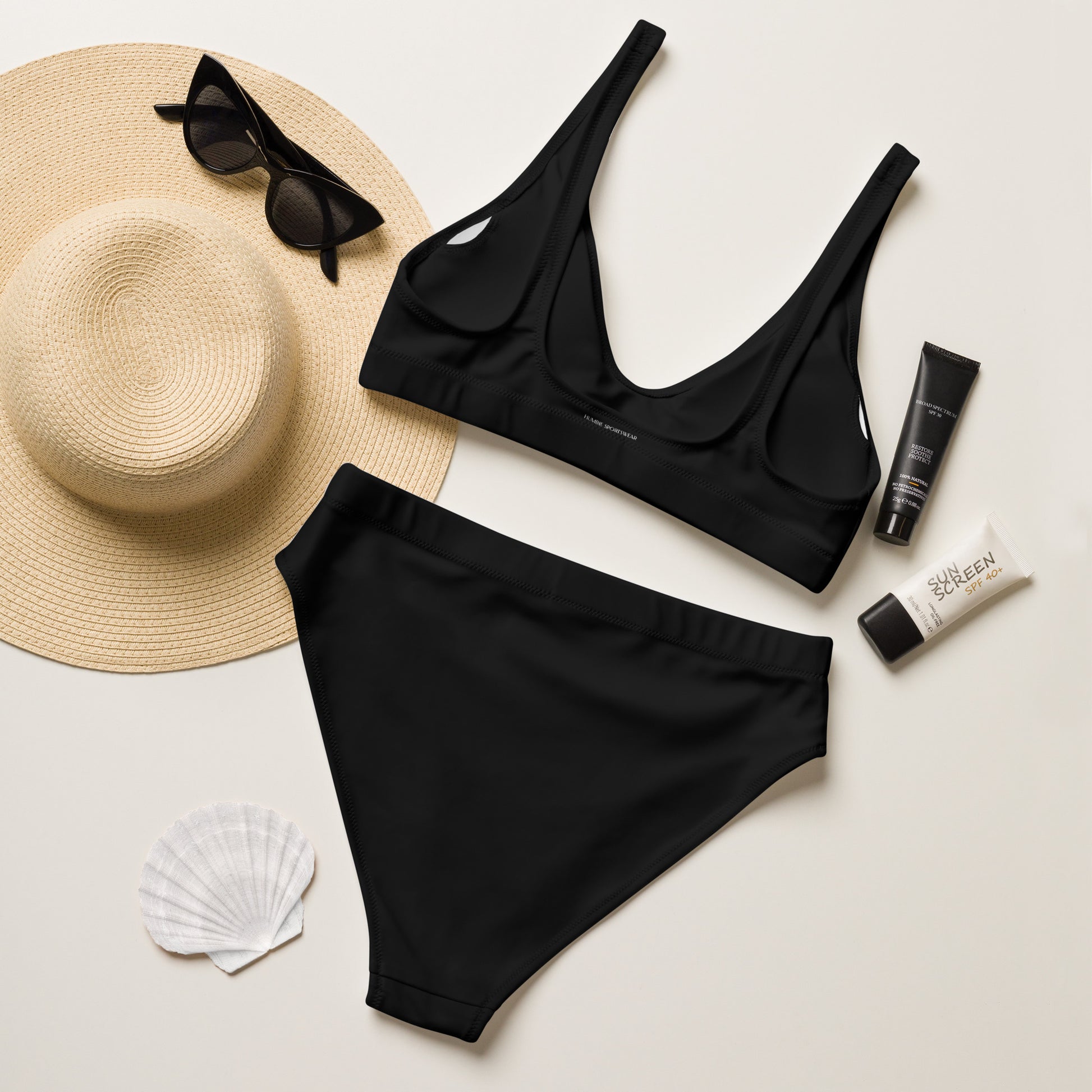 Humble Sportswear, women's pure black high wasted Color Match sport bikini set