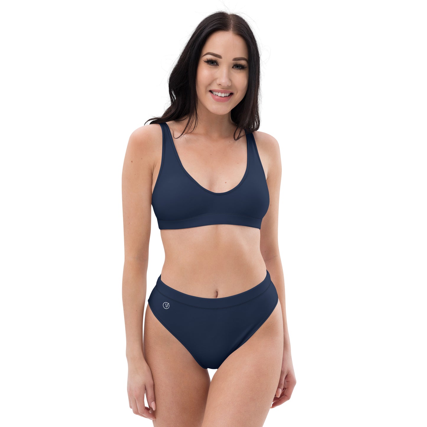Humble Sportswear, women's Color Match navy blue recycled fabric sport bikini set with high waisted bottoms