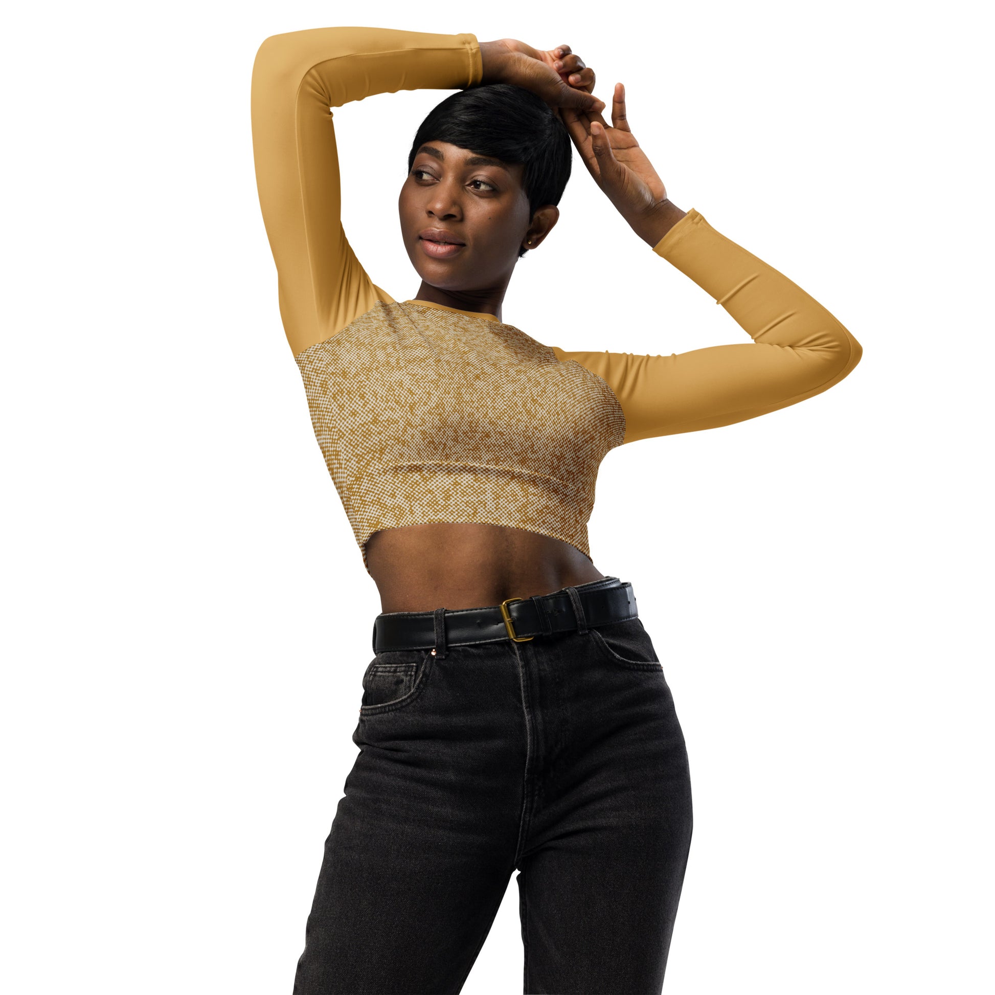 Humble Sportswear women's patterned beige cropped long sleeve compression top